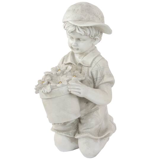 15" Solar LED-Lit Boy with Flowers Outdoor Garden Statue